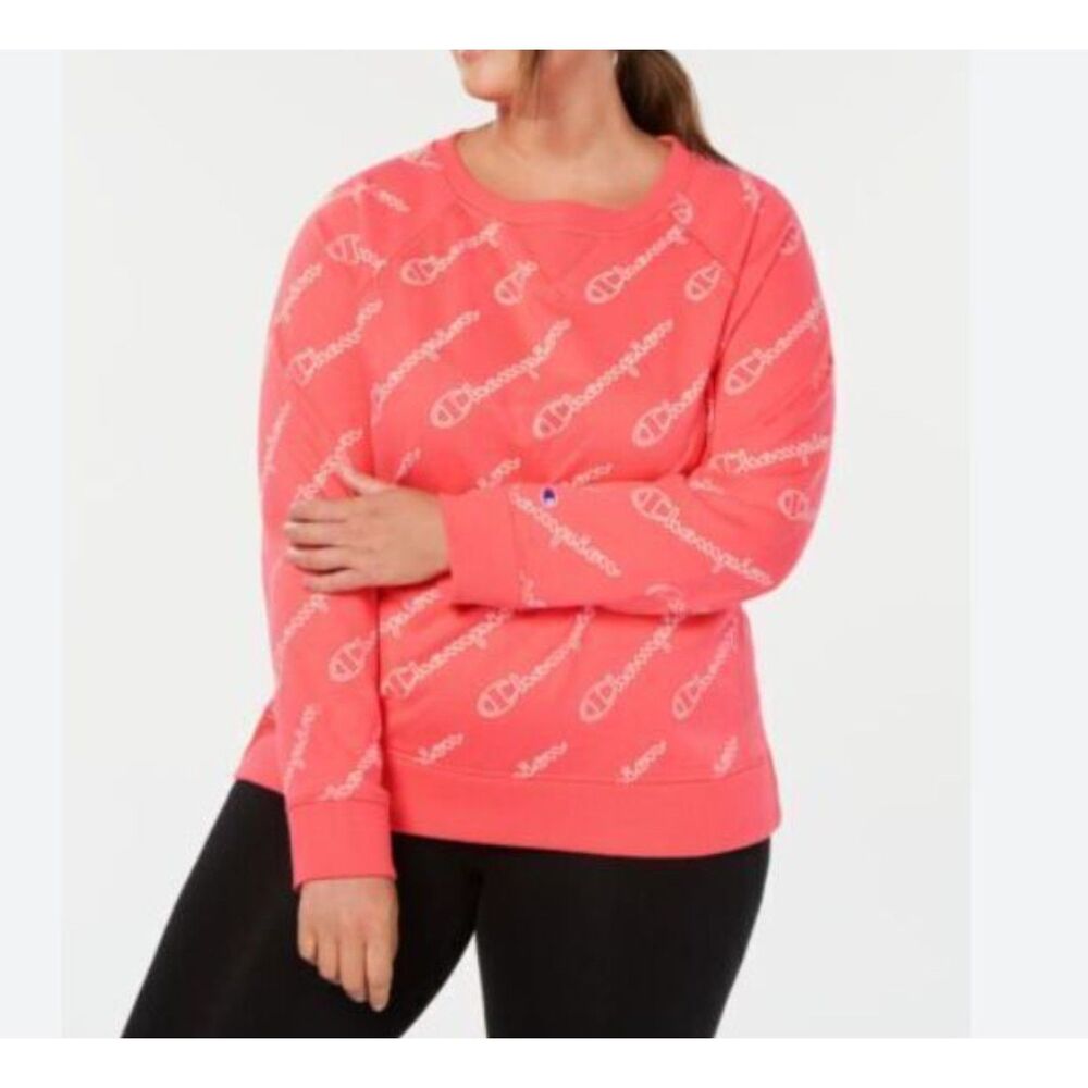 Champion All Over Print Logo Pullover Crew French Terry Sweatshirt Size Large